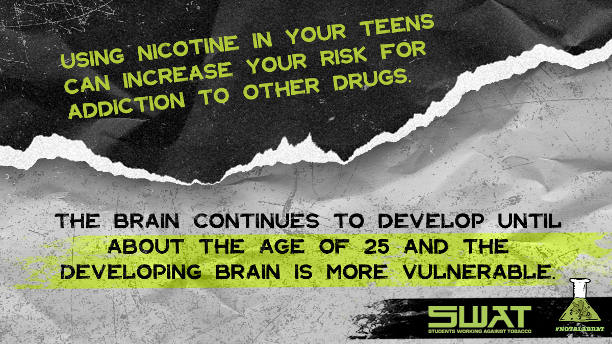 Using nicotine in your teens can increase your risk for addiction to other drugs. The brain continues to develop until about the age of 25 and the developing brain is more vulnerable. SWAT (Students Working Against Tobacco) #notalabrat