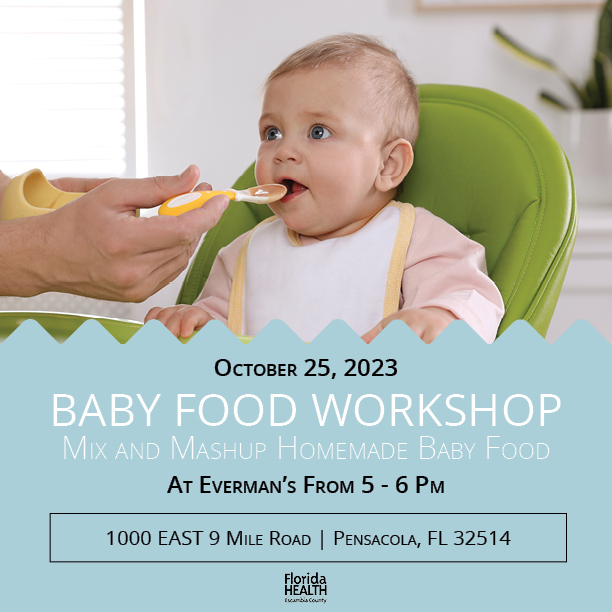 Baby Food Workshop, Mix and Mashup Homemade Baby Food. October 25, 2023 at Everman's from 5-6 PM 1000 East 9 mile Road, Pensacola, FL 32514. Florida Health Escambia Counth