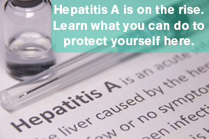 Hepatitis A image showing shot and vaccine laying on top of a Hepatitis A fact sheet. Text overlay says, "Hepatitis A is on the rise. See what you can do to protect yourself.