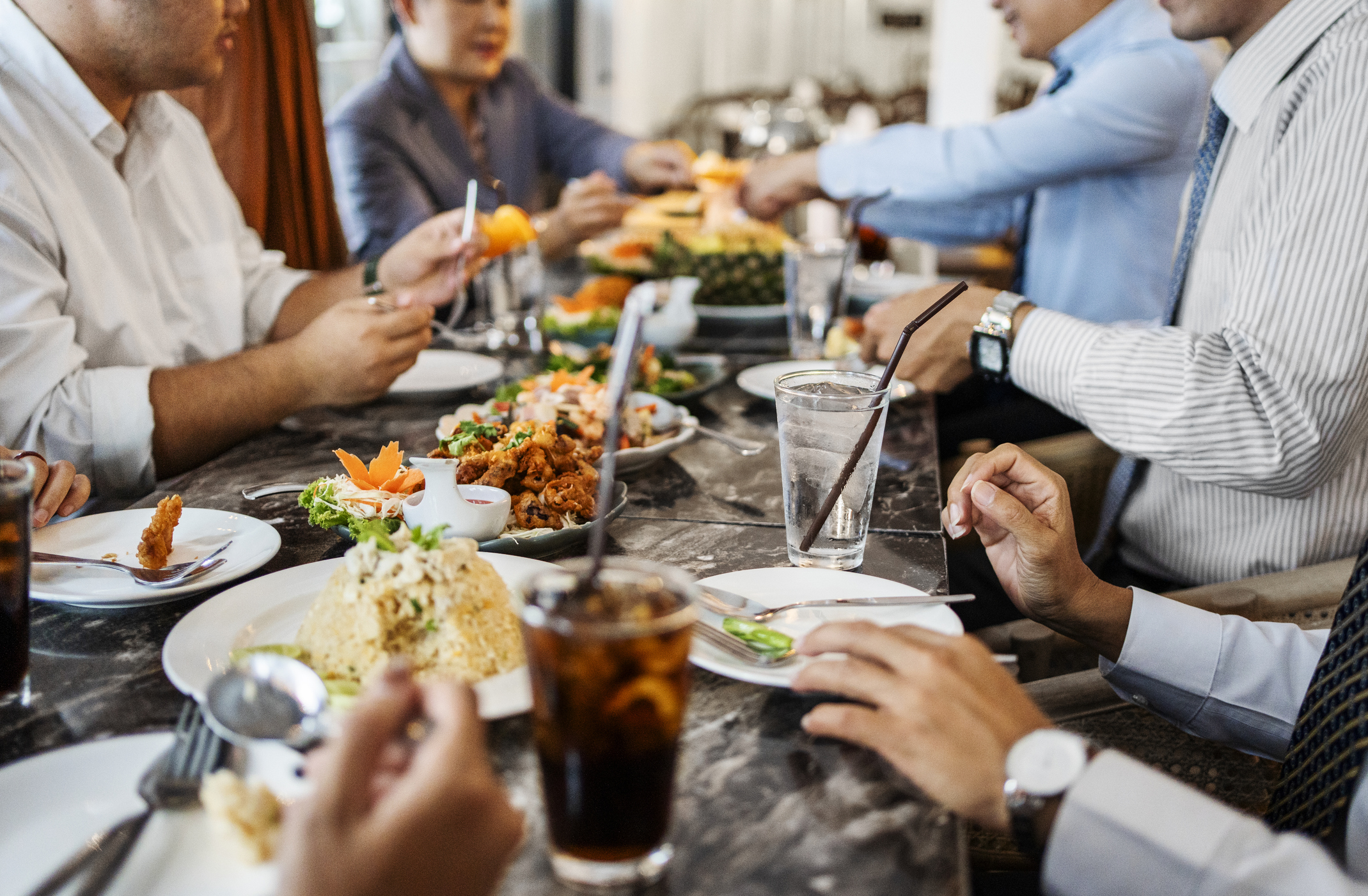 Group eating a meal at a restaurant